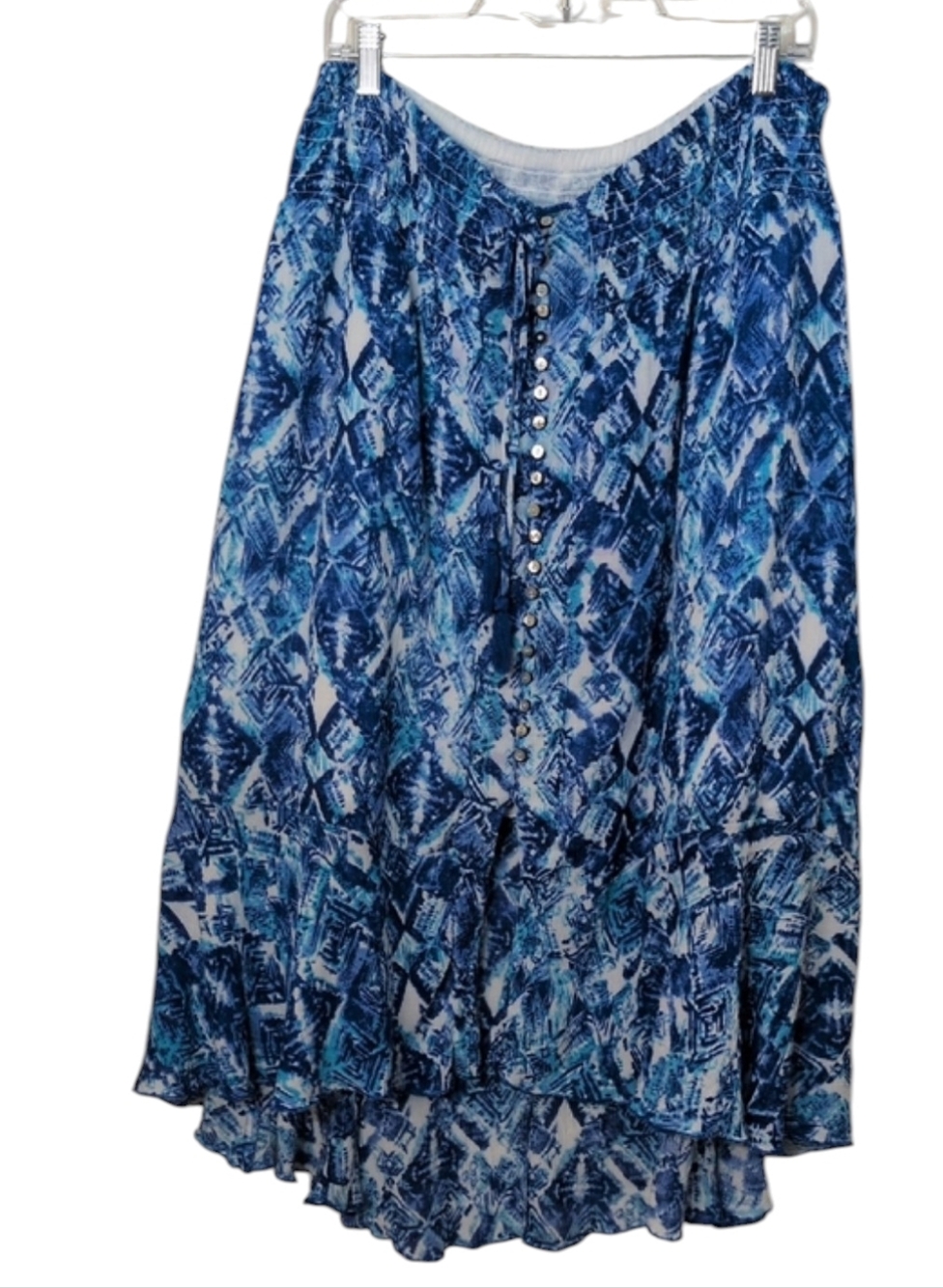 Life Style Blue Patterned Tiered Button-Front, High low Women's Skirt